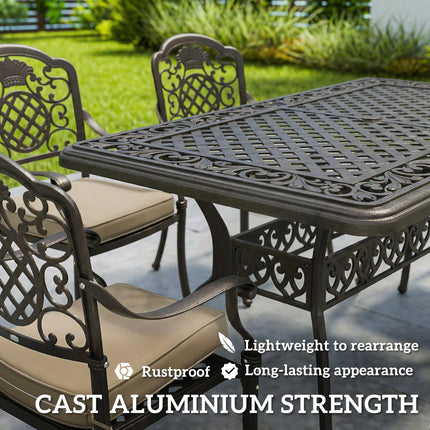 Garden Dining Set for 6, Cast Aluminium Outdoor Table and Chairs Set with Cushions, Parasol Hole for Patio, Bronze Tone