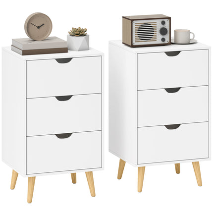 Set of 2 Bedside Tables, Modern Nightstand Side End Table with 3 Storage Drawers and Solid Pine Wood Legs for Bedroom Living Room Entryway, White
