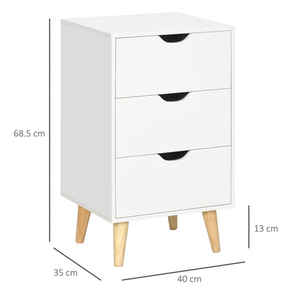 Set of 2 Bedside Tables, Modern Nightstand Side End Table with 3 Storage Drawers and Solid Pine Wood Legs for Bedroom Living Room Entryway, White