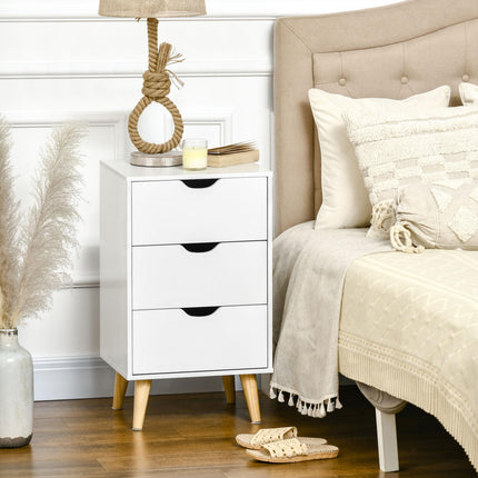 Set of 2 Bedside Tables, Modern Nightstand Side End Table with 3 Storage Drawers and Solid Pine Wood Legs for Bedroom Living Room Entryway, White