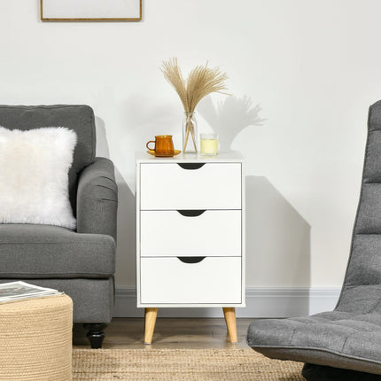 Set of 2 Bedside Tables, Modern Nightstand Side End Table with 3 Storage Drawers and Solid Pine Wood Legs for Bedroom Living Room Entryway, White