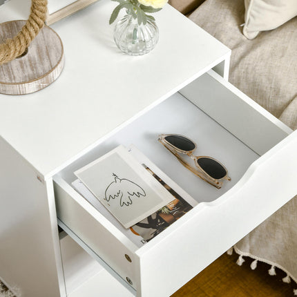 Set of 2 Bedside Tables, Modern Nightstand Side End Table with 3 Storage Drawers and Solid Pine Wood Legs for Bedroom Living Room Entryway, White