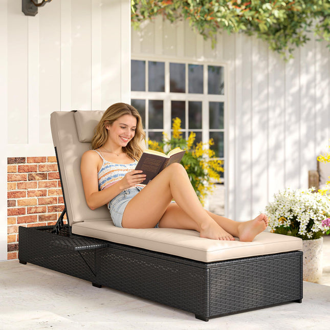 Rattan Sun Lounger with 5-Level Reclining Back Side Tray and Cushion, Black