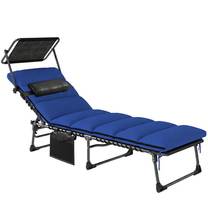 Folding Sun Lounger with Canopy, Reclining Sunbed with Cushion, Side Pocket, Car