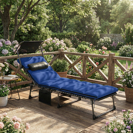 Folding Sun Lounger with Canopy, Reclining Sunbed with Cushion, Side Pocket, Car