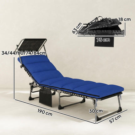 Folding Sun Lounger with Canopy, Reclining Sunbed with Cushion, Side Pocket, Car
