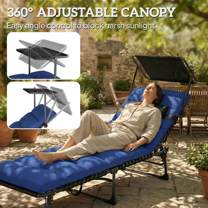Folding Sun Lounger with Canopy, Reclining Sunbed with Cushion, Side Pocket, Car