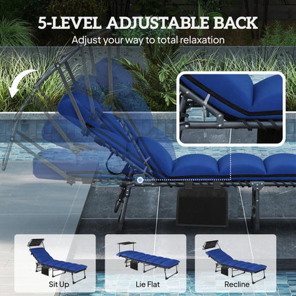 Folding Sun Lounger with Canopy, Reclining Sunbed with Cushion, Side Pocket, Car