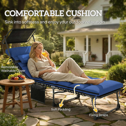 Folding Sun Lounger with Canopy, Reclining Sunbed with Cushion, Side Pocket, Car