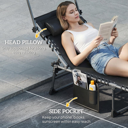 Folding Sun Lounger with Canopy, Reclining Sunbed with Cushion, Side Pocket, Car