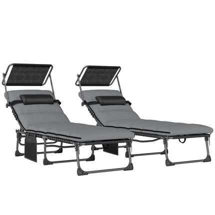 Folding Sun Loungers Set of 2 with Canopy, Reclining Sunbed with Cushion, Side P