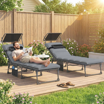 Folding Sun Loungers Set of 2 with Canopy, Reclining Sunbed with Cushion, Side P