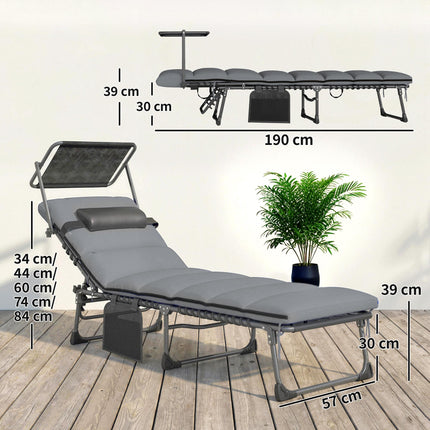 Folding Sun Loungers Set of 2 with Canopy, Reclining Sunbed with Cushion, Side P