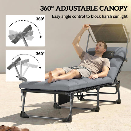 Folding Sun Loungers Set of 2 with Canopy, Reclining Sunbed with Cushion, Side P
