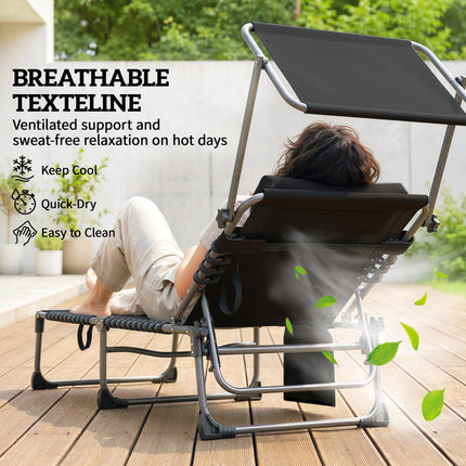 Folding Sun Loungers Set of 2 with Canopy, Reclining Sunbed with Cushion, Side Pocket, Carrying Handle, Dark Blue