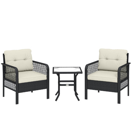Outsunny 3 Pieces Rattan Bistro Set with Glass Top Coffee Table, Chairs and Cushions for Outdoor, Patio, Balcony, Cream