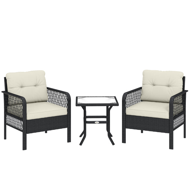 Outsunny 3 Pieces Rattan Bistro Set with Glass Top Coffee Table, Chairs and Cushions for Outdoor, Patio, Balcony, Cream