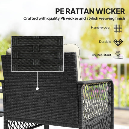 Outsunny 3 Pieces Rattan Bistro Set with Glass Top Coffee Table, Chairs and Cushions for Outdoor, Patio, Balcony, Cream