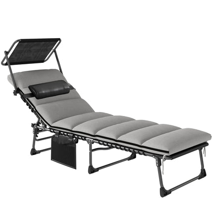 Folding Sun Lounger with Canopy, Reclining Sunbed with Cushion, Side Pocket, Car
