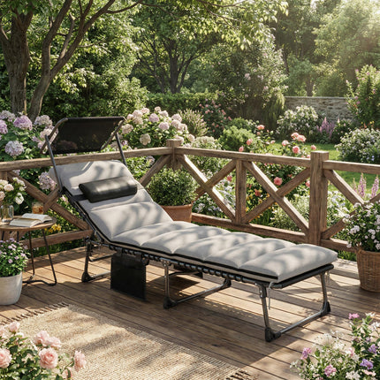 Folding Sun Lounger with Canopy, Reclining Sunbed with Cushion, Side Pocket, Car