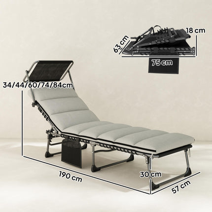 Folding Sun Lounger with Canopy, Reclining Sunbed with Cushion, Side Pocket, Car