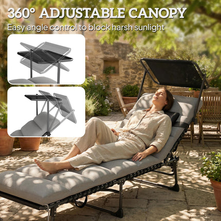 Folding Sun Lounger with Canopy, Reclining Sunbed with Cushion, Side Pocket, Car