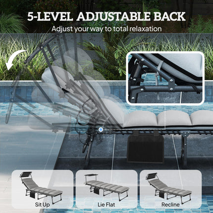 Folding Sun Lounger with Canopy, Reclining Sunbed with Cushion, Side Pocket, Car