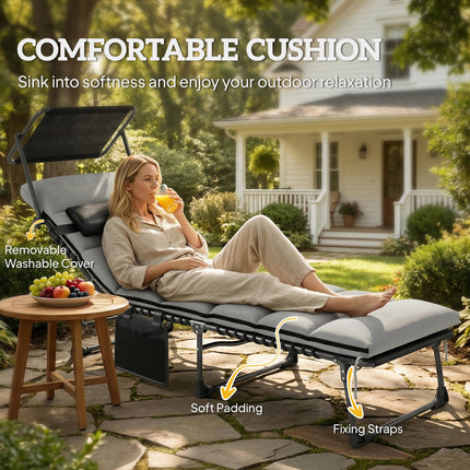 Folding Sun Lounger with Canopy, Reclining Sunbed with Cushion, Side Pocket, Car