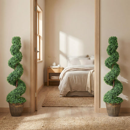 Set of 2 Artificial Plants, Topiary Spiral Boxwood Trees with Pot, for Home Indoor Outdoor Decor, 120cm