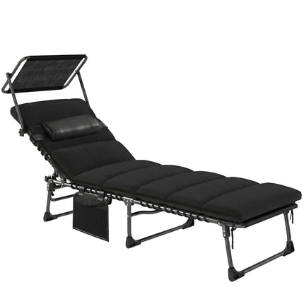 Folding Sun Lounger with Canopy, Reclining Sunbed with Cushion, Side Pocket, Car