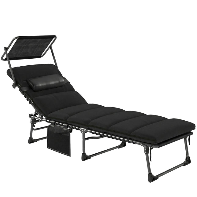 Folding Sun Lounger with Canopy, Reclining Sunbed with Cushion, Side Pocket, Car