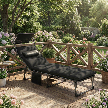Folding Sun Lounger with Canopy, Reclining Sunbed with Cushion, Side Pocket, Car