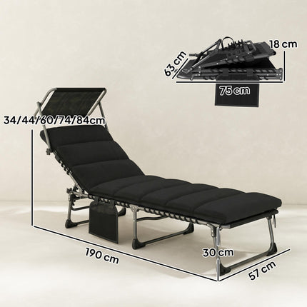 Folding Sun Lounger with Canopy, Reclining Sunbed with Cushion, Side Pocket, Car