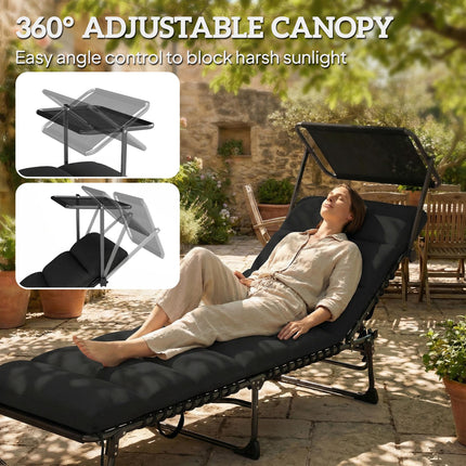Folding Sun Lounger with Canopy, Reclining Sunbed with Cushion, Side Pocket, Car