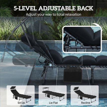 Folding Sun Lounger with Canopy, Reclining Sunbed with Cushion, Side Pocket, Car