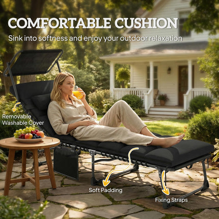 Folding Sun Lounger with Canopy, Reclining Sunbed with Cushion, Side Pocket, Car
