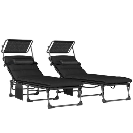 Folding Sun Loungers Set of 2 with Canopy, Reclining Sunbed with Cushion, Side P