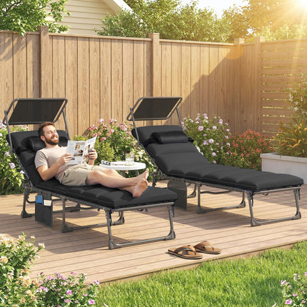 Folding Sun Loungers Set of 2 with Canopy, Reclining Sunbed with Cushion, Side P