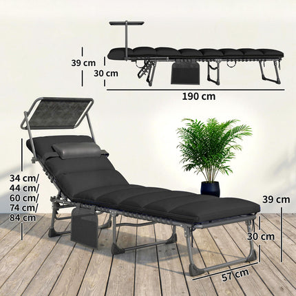 Folding Sun Loungers Set of 2 with Canopy, Reclining Sunbed with Cushion, Side P