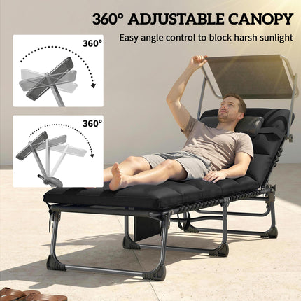 Folding Sun Loungers Set of 2 with Canopy, Reclining Sunbed with Cushion, Side P