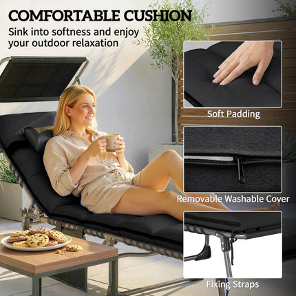 Folding Sun Loungers Set of 2 with Canopy, Reclining Sunbed with Cushion, Side P