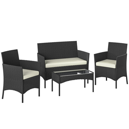 4 Piece Rattan Garden Furniture Sofa Set with Loveseat, Armchairs, Glass-Top Coffee Table and Cushions, Cream White