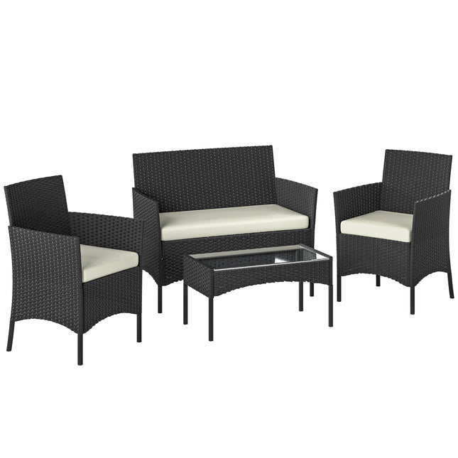 4 Piece Rattan Garden Furniture Sofa Set with Loveseat, Armchairs, Glass-Top Coffee Table and Cushions, Cream White