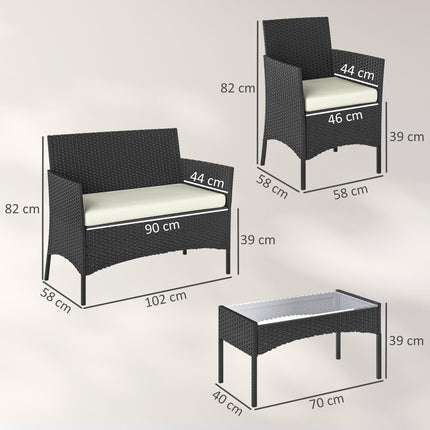 4 Piece Rattan Garden Furniture Sofa Set with Loveseat, Armchairs, Glass-Top Coffee Table and Cushions, Cream White