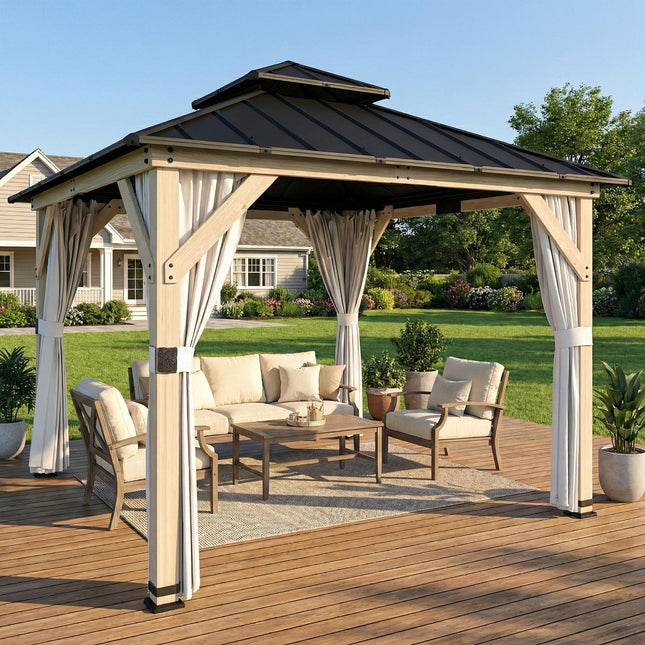 3 x 3 m Outdoor Hardtop Gazebo Canopy with 2-Tier Steel Roof, Wood Garden Gazebo with Curtains, Light Grey