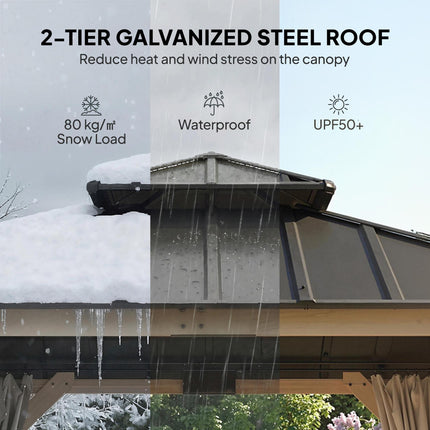 3 x 3 m Outdoor Hardtop Gazebo Canopy with 2-Tier Steel Roof, Wood Garden Gazebo with Curtains, Light Grey
