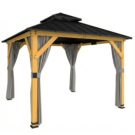 3 x 3 m Outdoor Hardtop Gazebo Canopy with 2-Tier Steel Roof, Wood Garden Gazebo