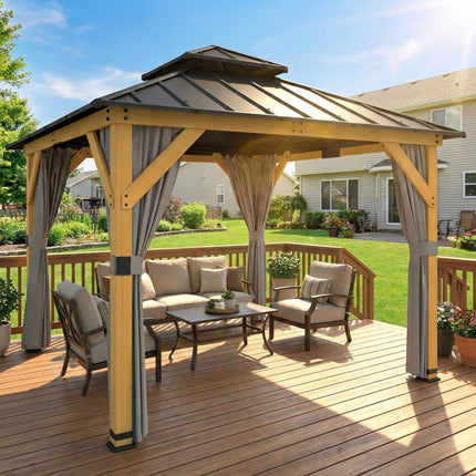 3 x 3 m Outdoor Hardtop Gazebo Canopy with 2-Tier Steel Roof, Wood Garden Gazebo
