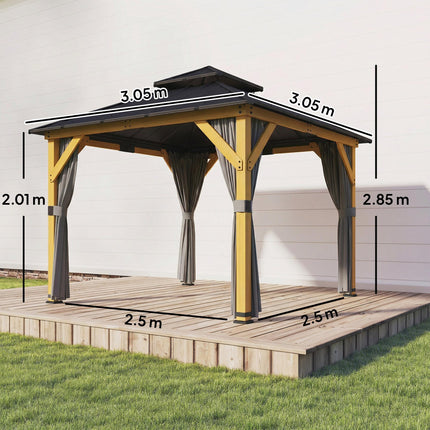 3 x 3 m Outdoor Hardtop Gazebo Canopy with 2-Tier Steel Roof, Wood Garden Gazebo