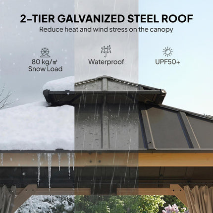 3 x 3 m Outdoor Hardtop Gazebo Canopy with 2-Tier Steel Roof, Wood Garden Gazebo